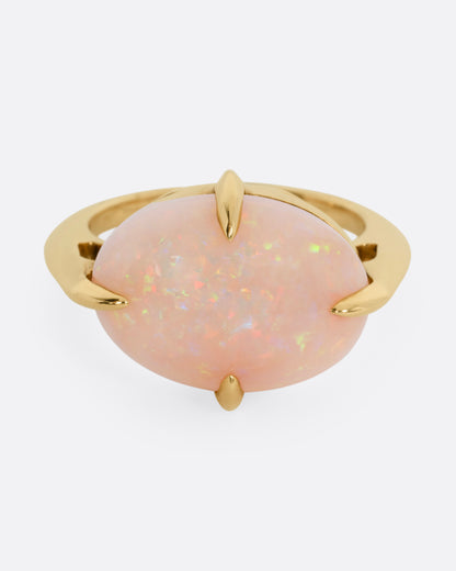 A yellow gold ring with a prong set opal, shown from the front.