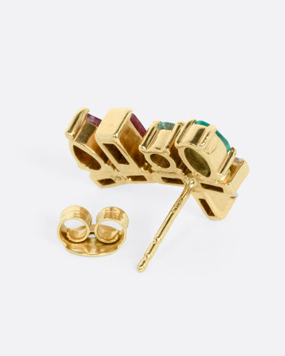 Yellow gold tourmaline, apatite and diamond stud earring, side view showing the post and back