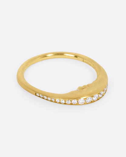 Yellow gold diamond crescent moon ring, angled view from the other side of the crescent