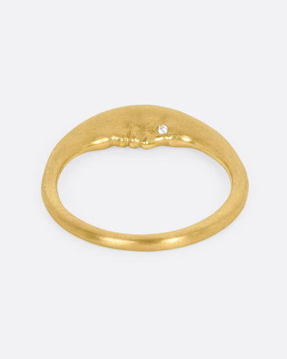 Yellow gold diamond crescent moon ring, back view showing the moon face from behind
