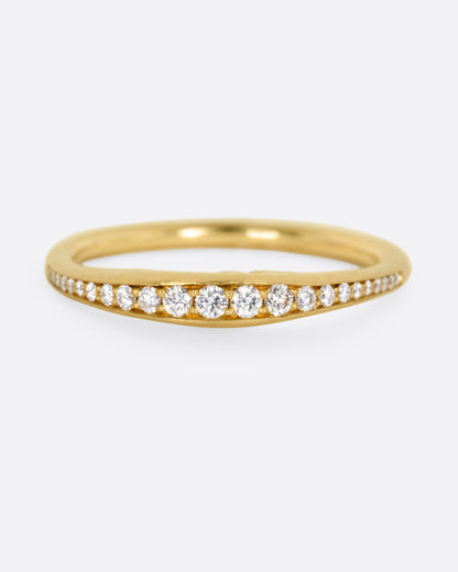Anthony Lent Crescent Moon Face ring in yellow gold, a slim band with a carved moon face and pave diamonds along the crescent