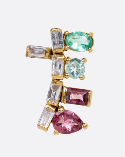 Eva Noga Tithonia stud earring in 14k yellow gold, stepped rows of baguette diamonds beside pink tourmalines and blue-green apatite