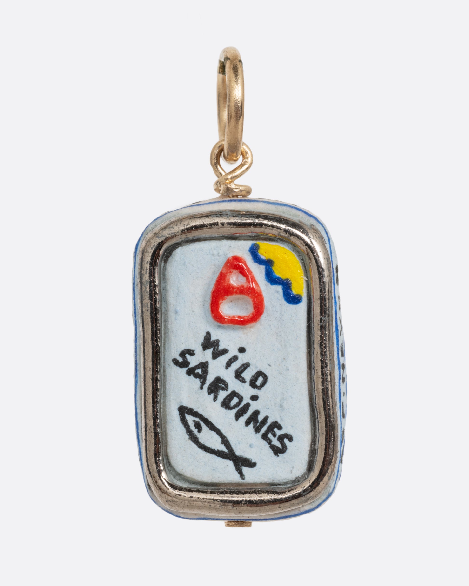 A porcelain hand painted sardine can charm. Shown from the front.