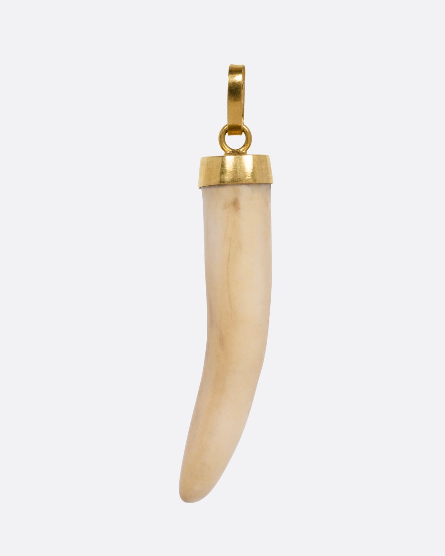 A horn shaped one charm with a yellow gold bail, shown from the front.