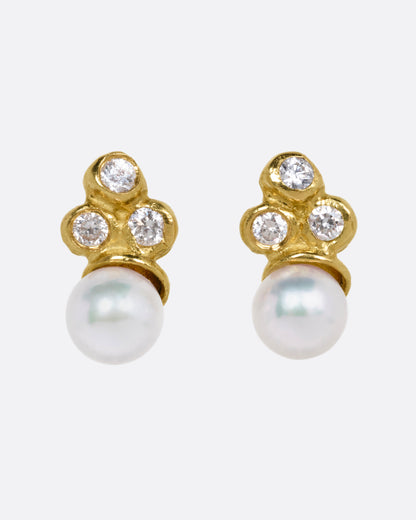 Kimberlin Brown Sea Anemone stud earrings in 18k yellow gold, a white Akoya pearl beneath a cluster of three bezel-set diamonds