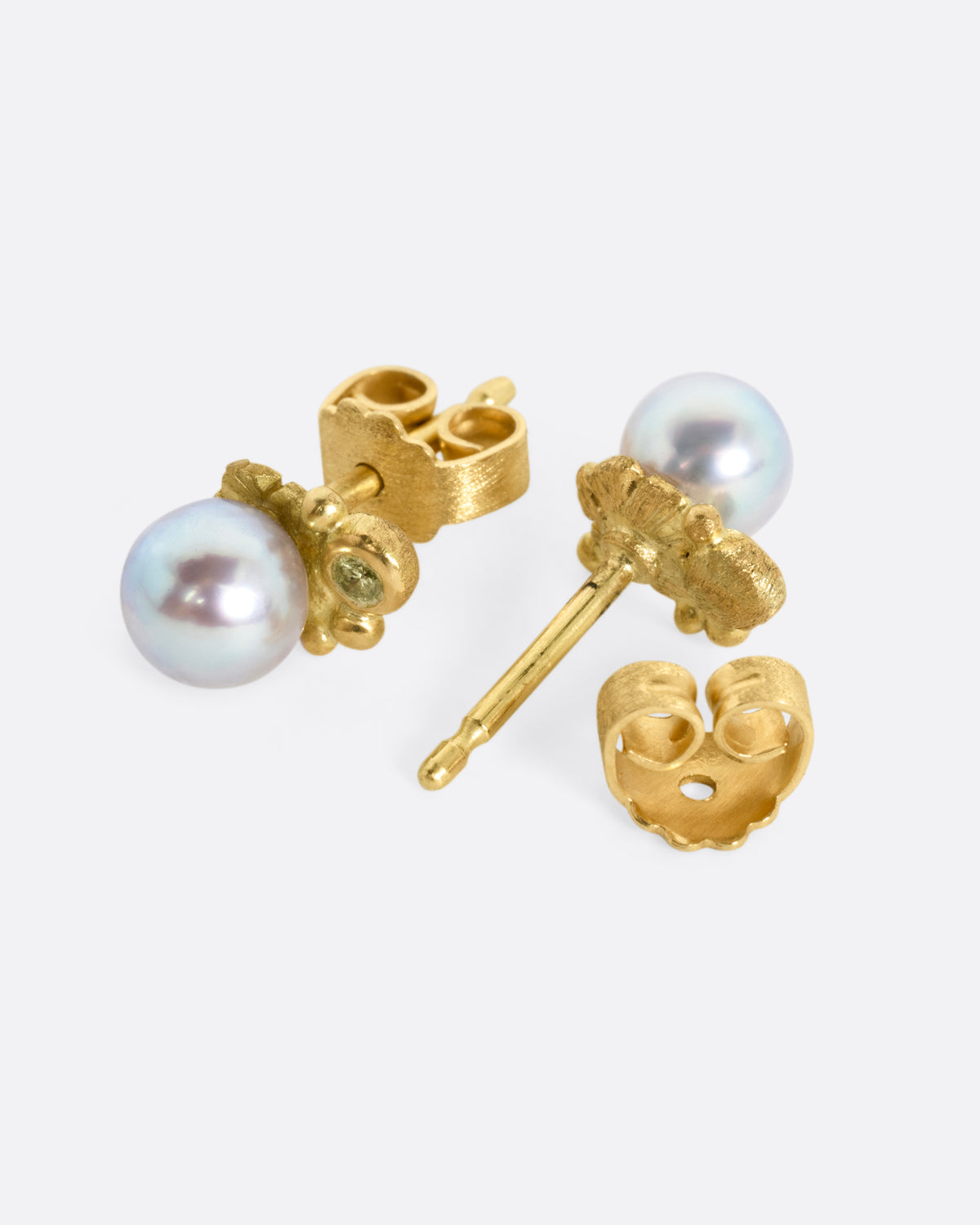 Akoya Pearl and Green Diamond Stud Earrings