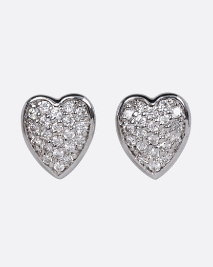 Kathryn Bentley heart stud earrings in 14k white gold, hearts covered in pave diamonds