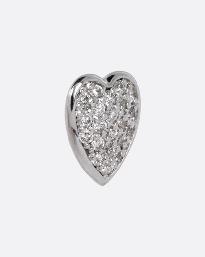 White gold pave diamond heart stud earrings, close view of one heart