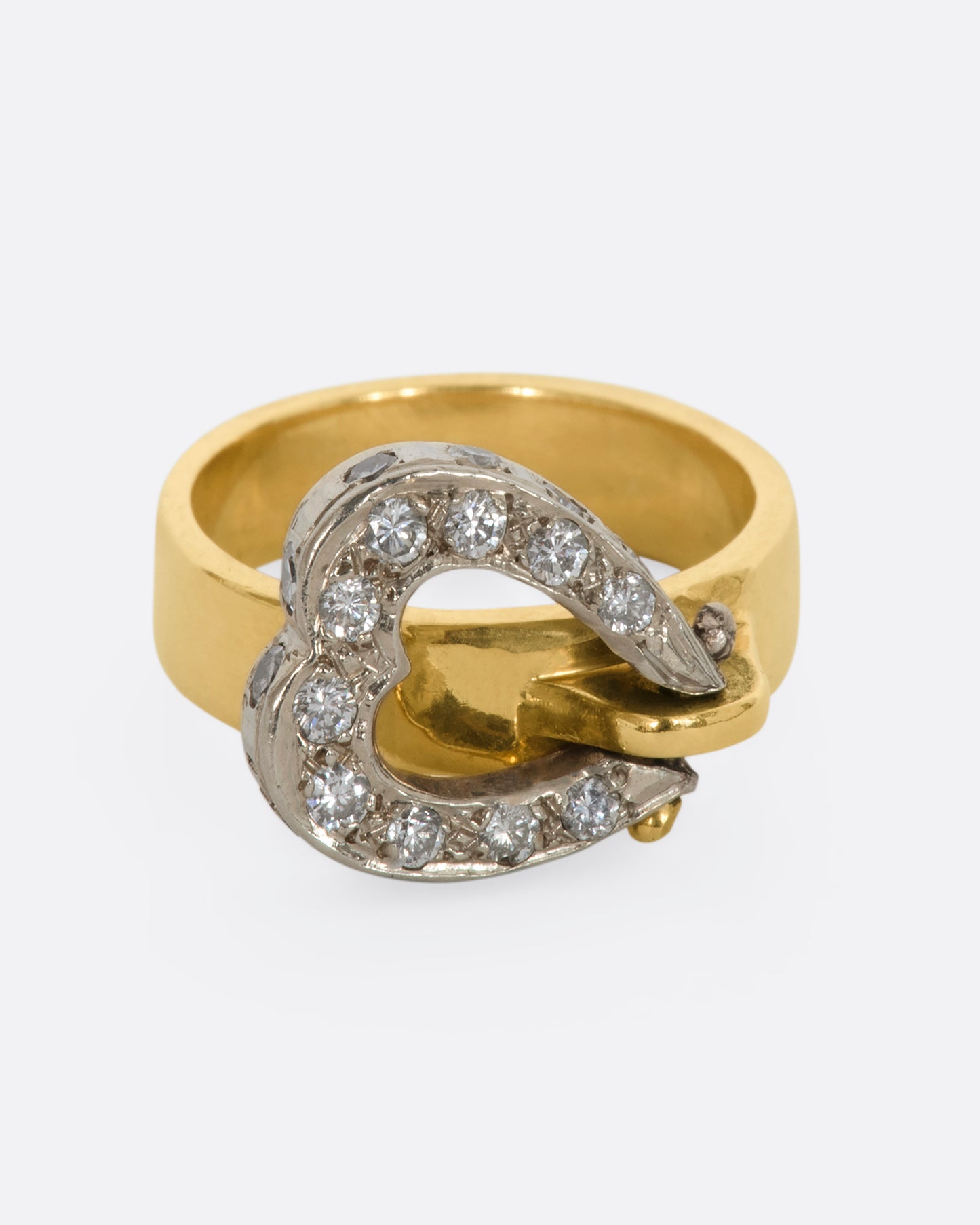 Yellow gold diamond hinged heart ring. View from the front.