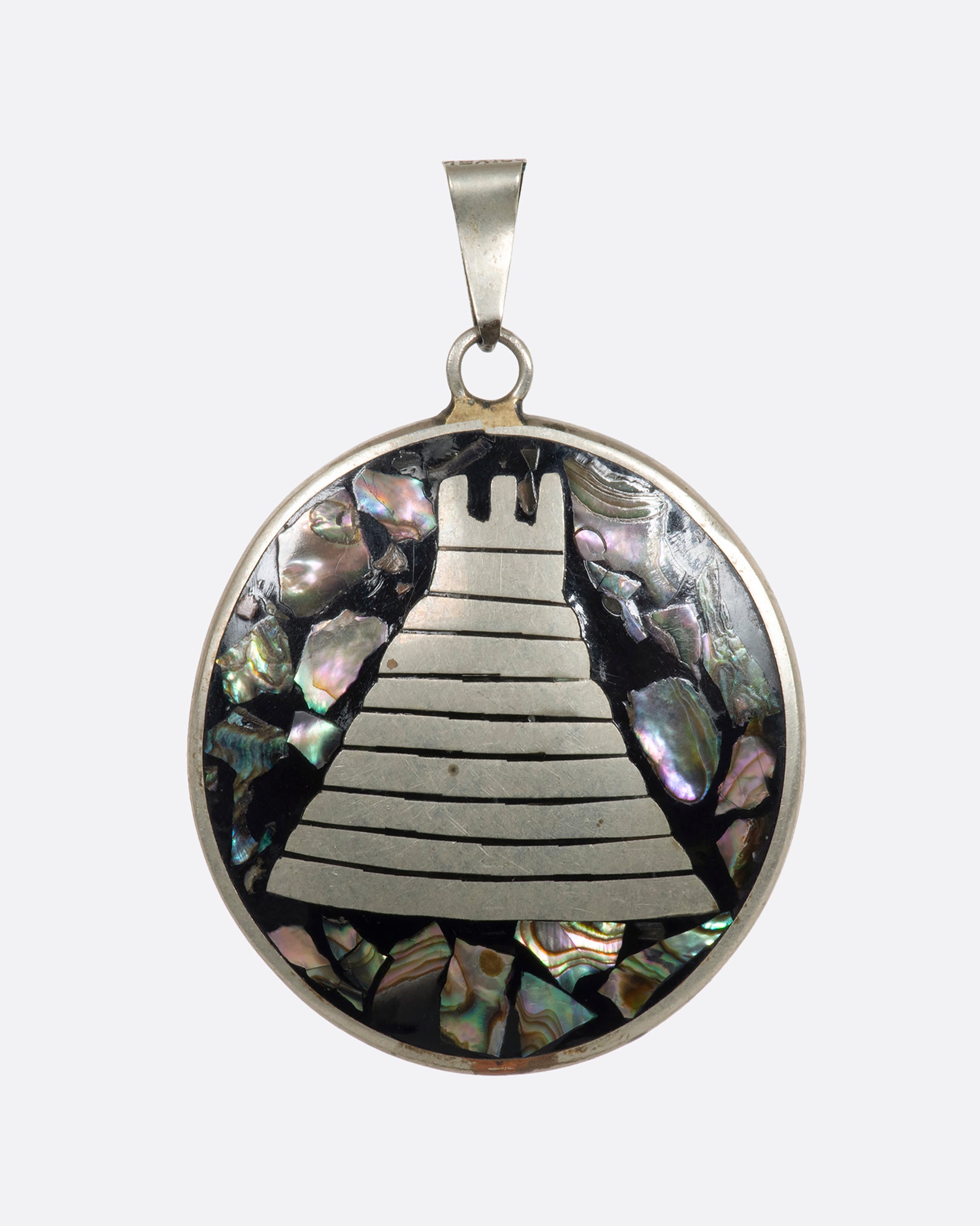 Sterling silver double sided pendant with warrior and pyramid. Pyramid side.