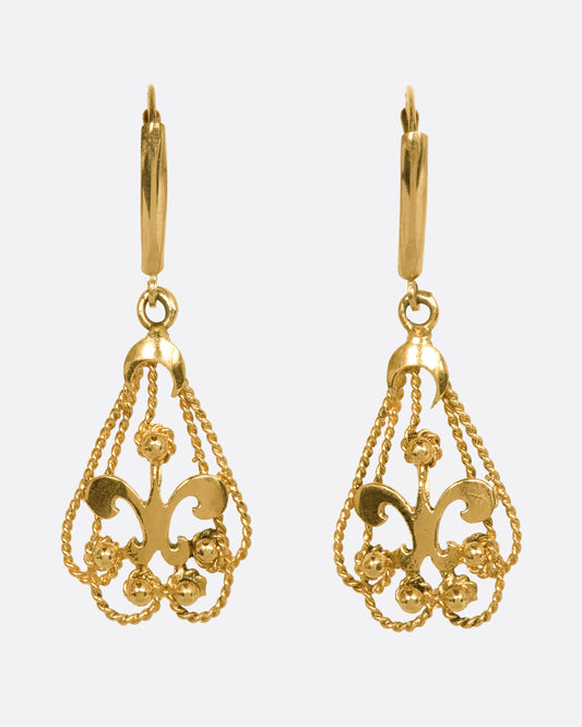 Fleur De Lis lever back drop earrings. View from the front.