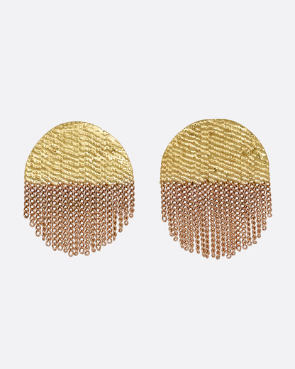 A yellow gold circular stud back earring that's half solid and half fringe chain. Shown from the front.