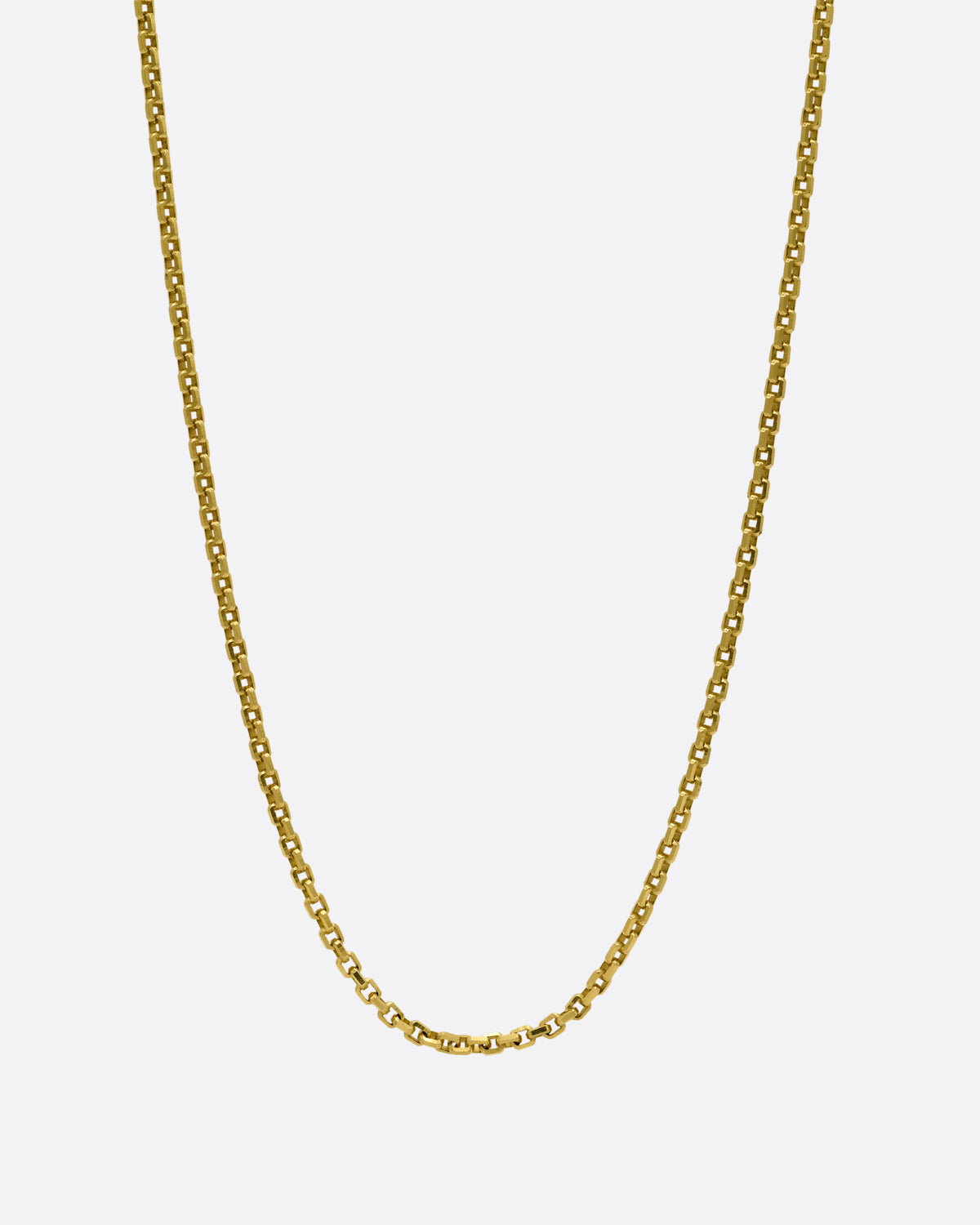A yellow gold square link necklace, shown from the front.