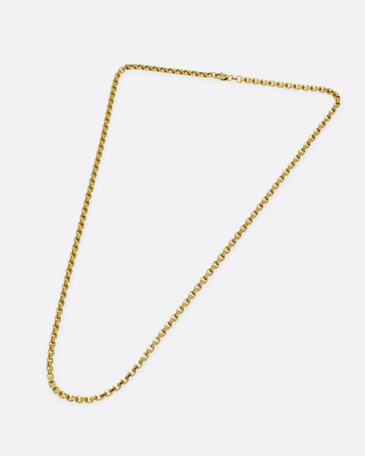 A yellow gold square link necklace, shown from the front.