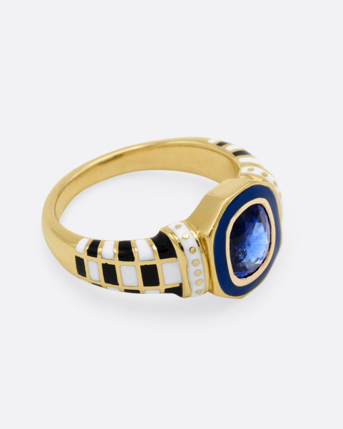 Sapphire and Enamel Checkered Signet Ring