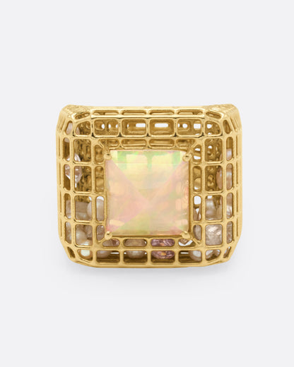 Sara Katherine Jacobson Cagey Dome ring in yellow gold, a square bicolor opal on an openwork cage filled with loose pearls, diamonds and sapphires