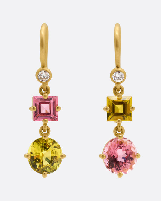 Yellow and Pink Tourmaline Gemma Drop Earrings