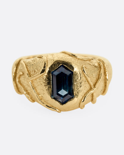 A yellow gold signet ring with a vine motif and a  hexagonal blue sapphire. Shown from the front.