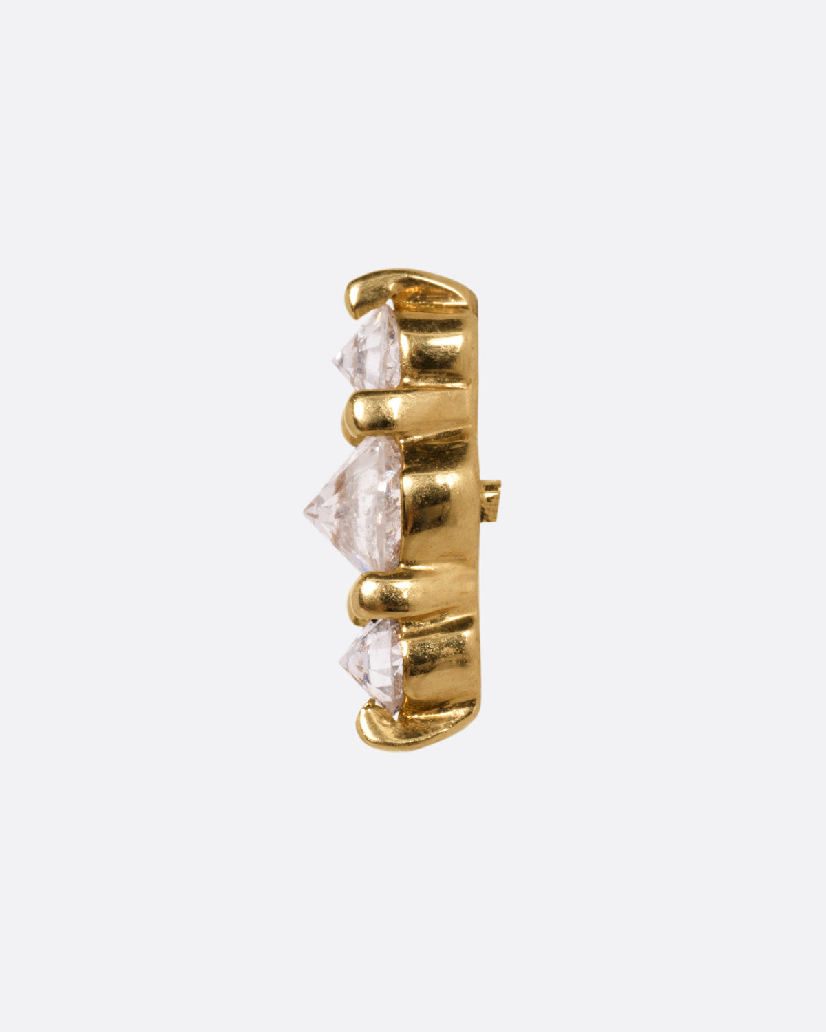 A yellow gold stud earring with three stacked diamonds, shown from the side.