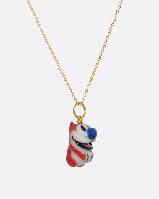 A three dimensional Stimpy charm with a yellow gold bail. Shown on a necklace.