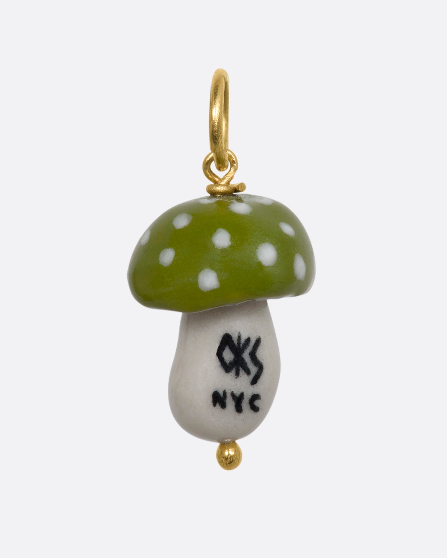 Green mushroom charm on a yellow gold bail. View from the back.