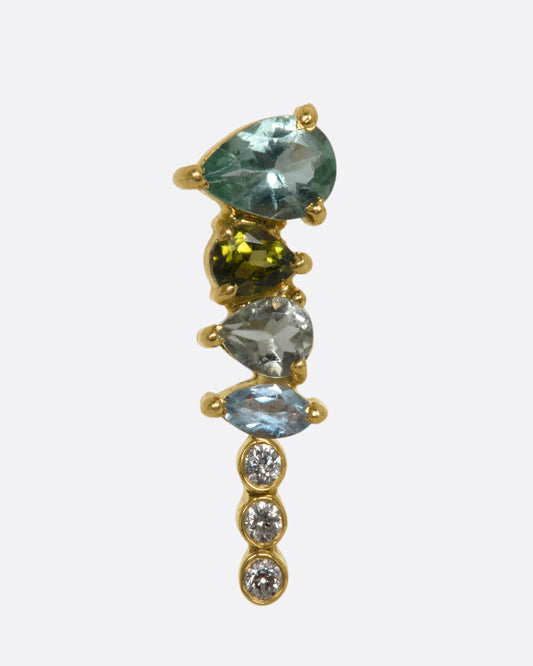 A long stud earring with pear, marquise and round sapphires, tourmalines and diamonds. View from the front.