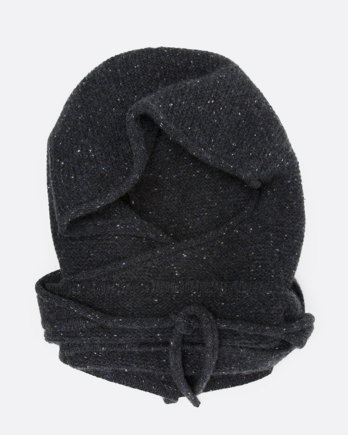 A donegal flecked charcoal hooded scarf with elongated sides, shown wrapped and tied, from the front.