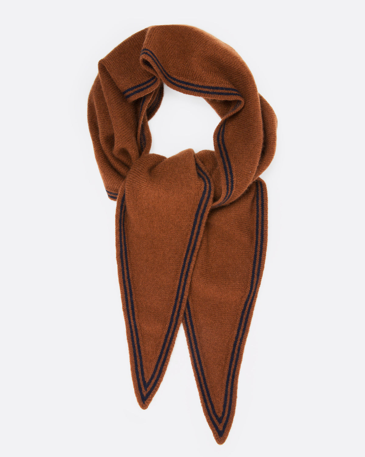 An orange knit scarf with  a navy striped border, shown wrapped and tied from the front.