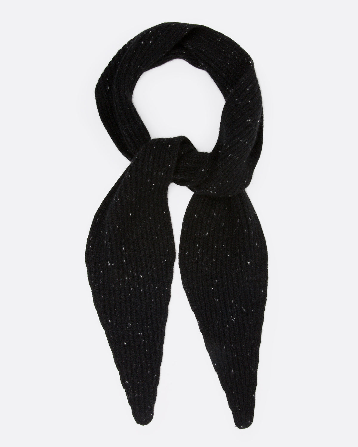 A black ribbed knit scarf with tiny flecks, shown tied from the front.