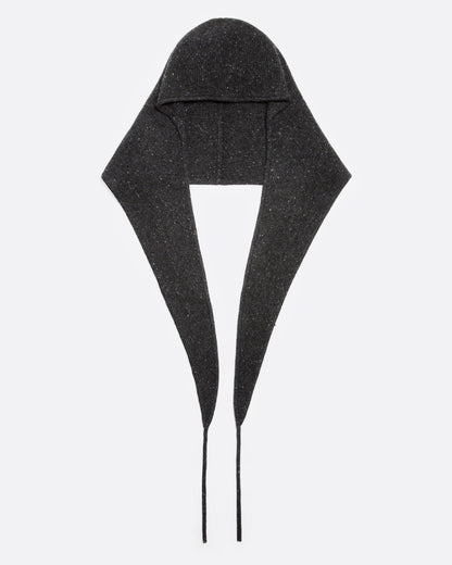 A donegal flecked charcoal hooded scarf with elongated sides, shown open from the front.
