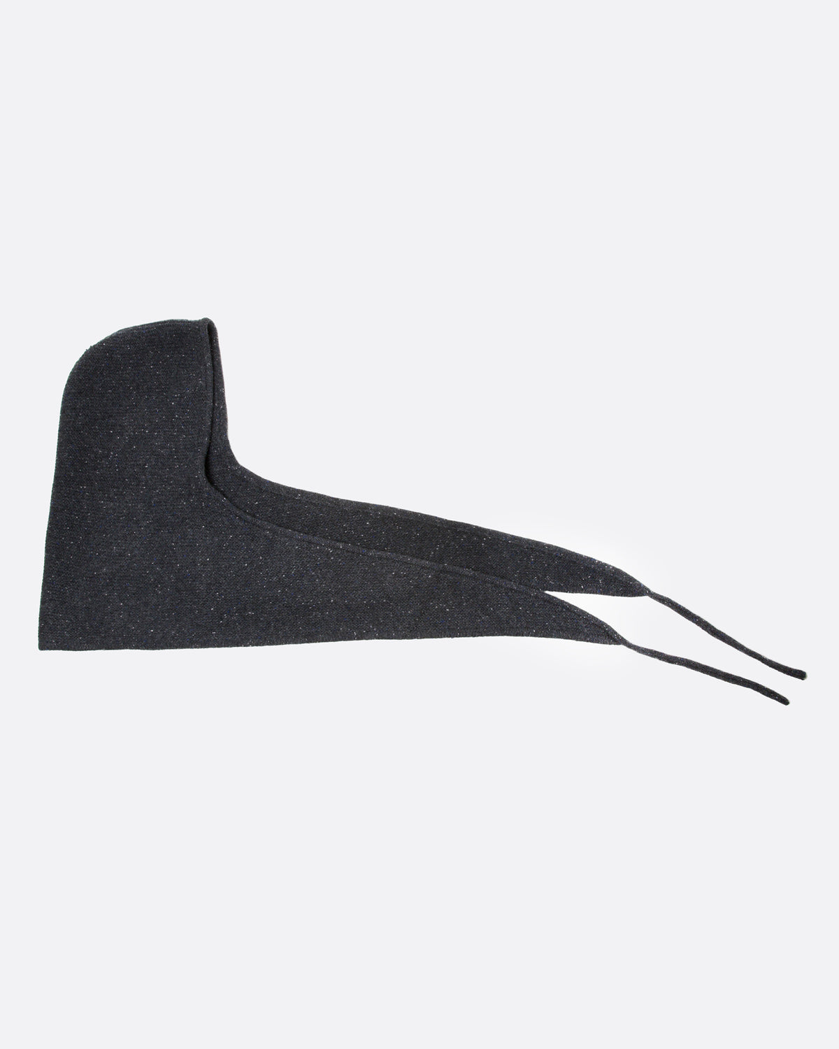 A donegal flecked charcoal hooded scarf with elongated sides, shown open from the side.