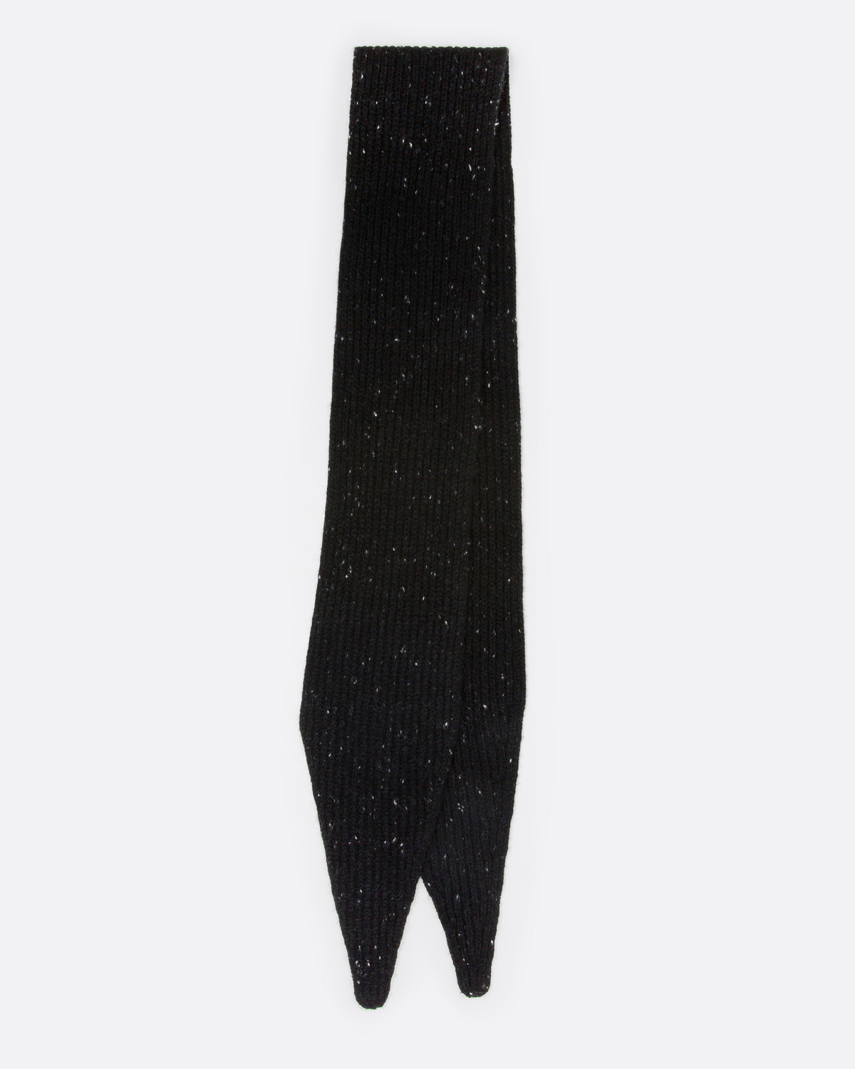 A black ribbed knit scarf with tiny flecks, shown folded in half.
