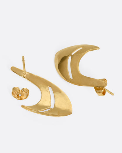 Vintage yellow gold crescent cutout earrings, the pair laid flat showing the posts and backs
