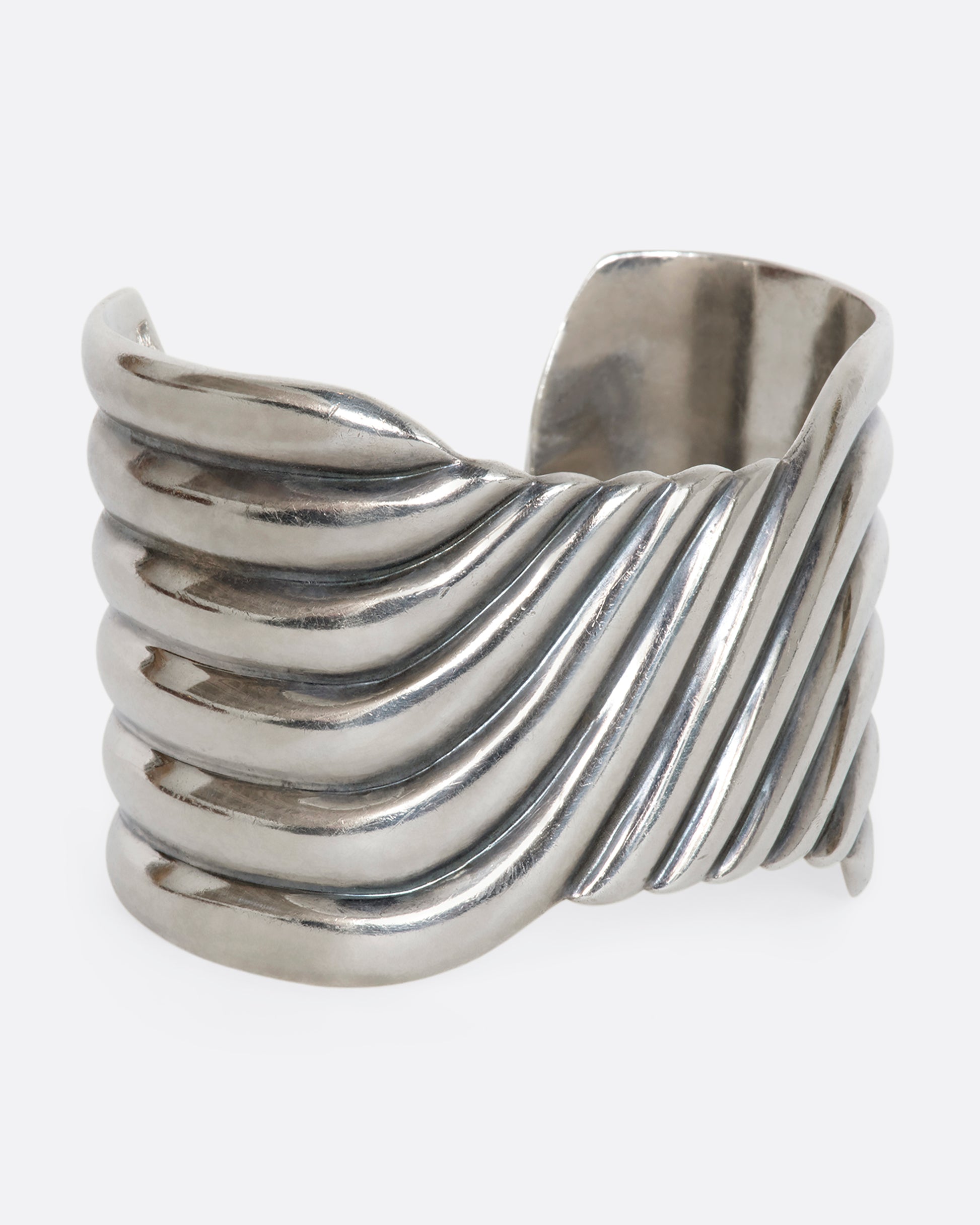 Sterling silver wavy line cuff. View from the alternate side.
