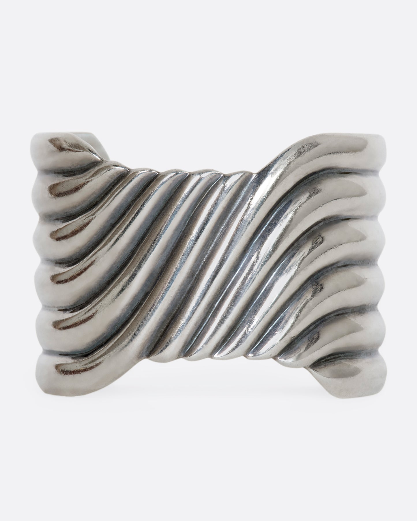 Sterling silver wavy line cuff. View from the front.