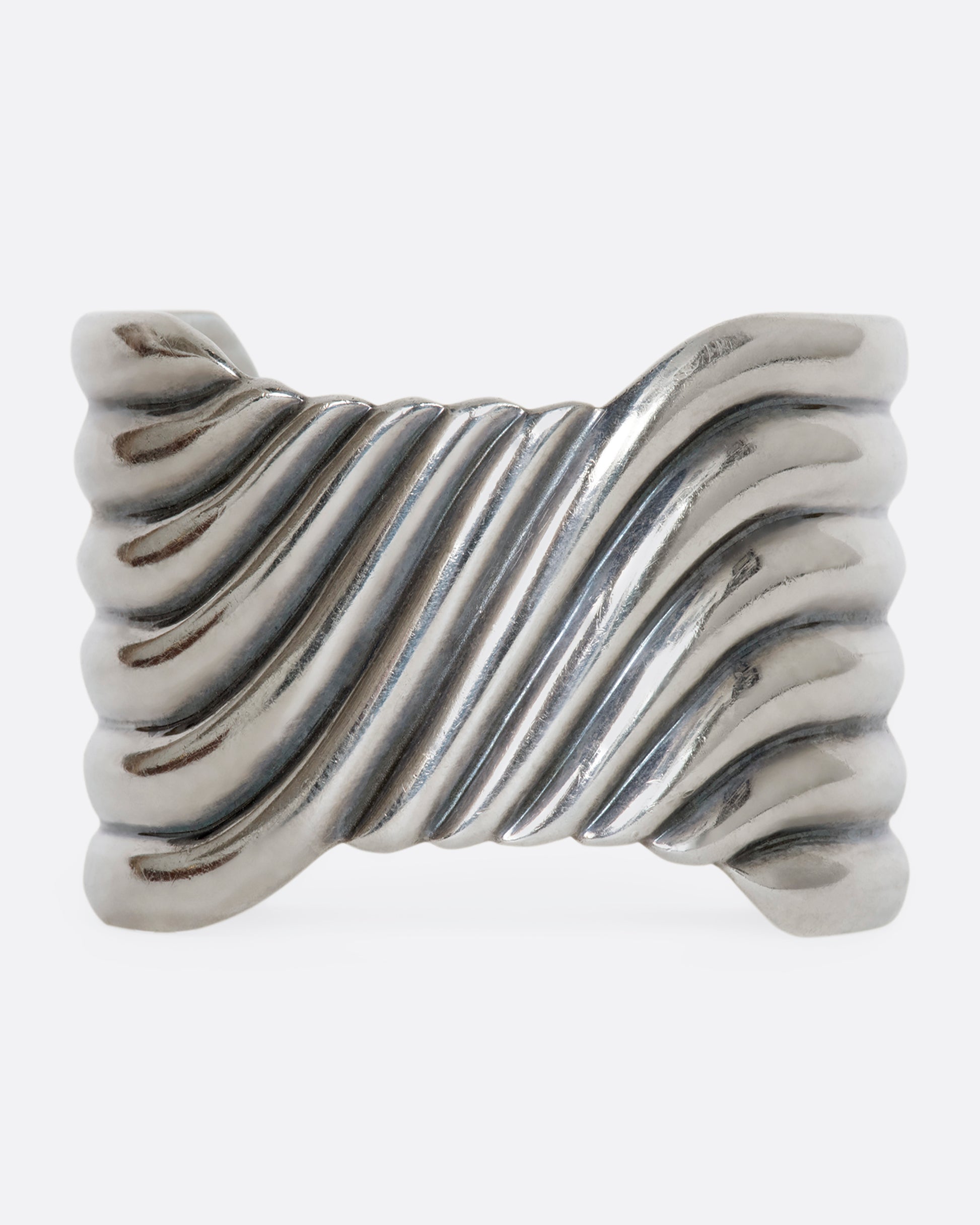 Sterling silver wavy line cuff. View from the front.