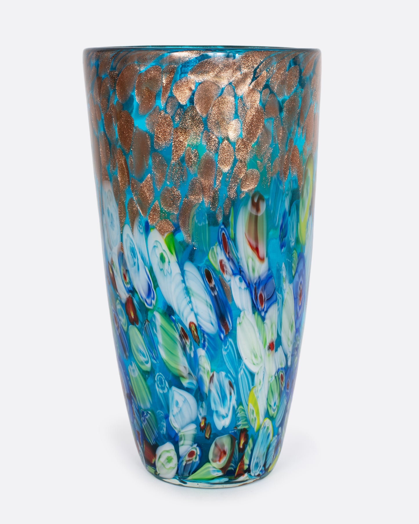 A vintage murano millefiori vase with gold aventurine. 