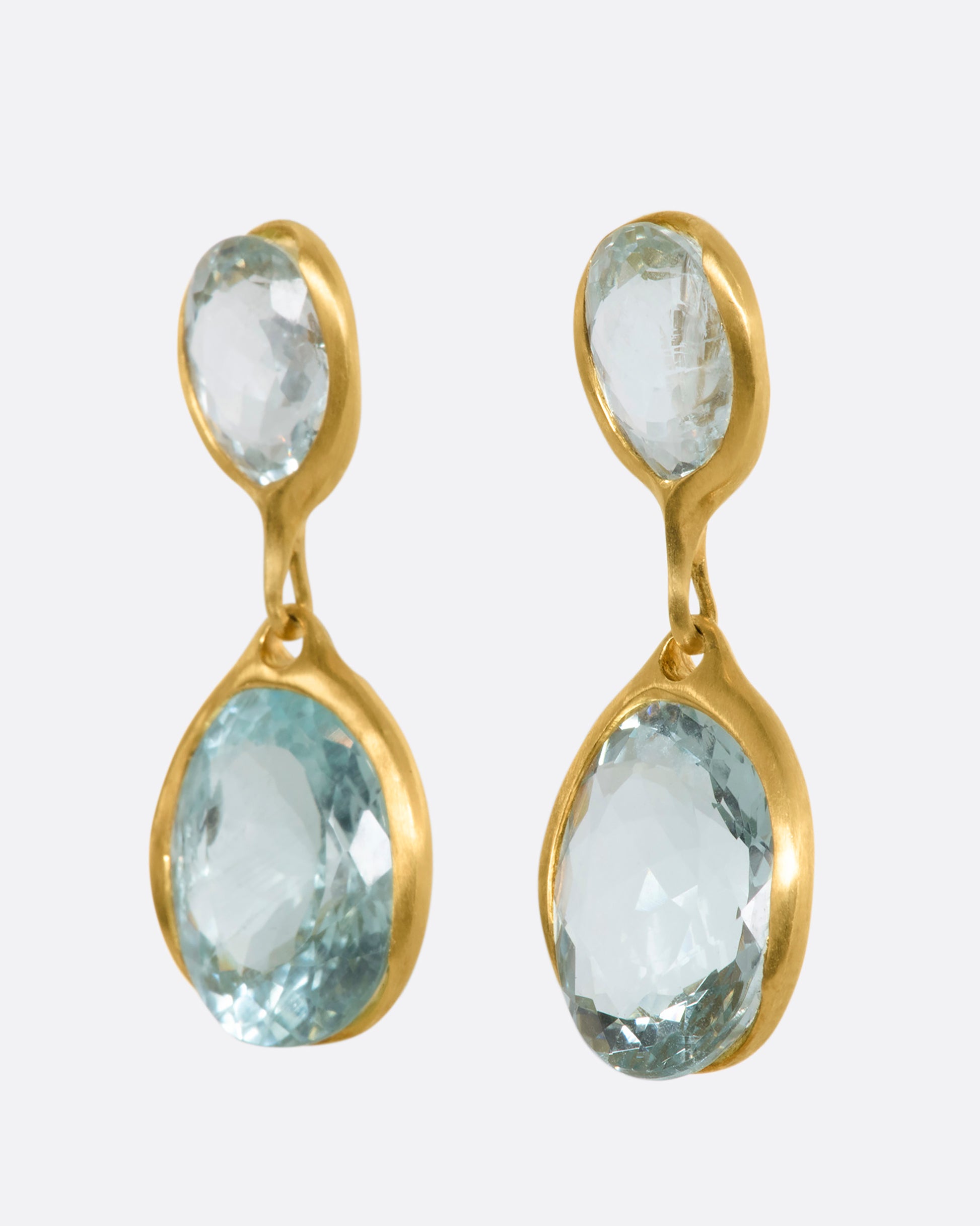 Yellow gold aquamarine stud double drops. View from the alternate side.