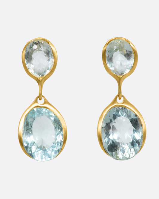 Yellow gold aquamarine stud double drops. View from the front.