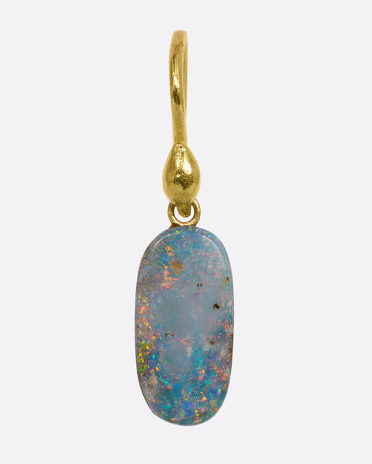 A yellow gold drop earring with an oval shaped boulder opal dangle. View from the front.