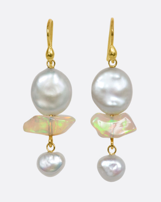 Yellow gold triple tier drop earrings with pearls and opals. View from the front.