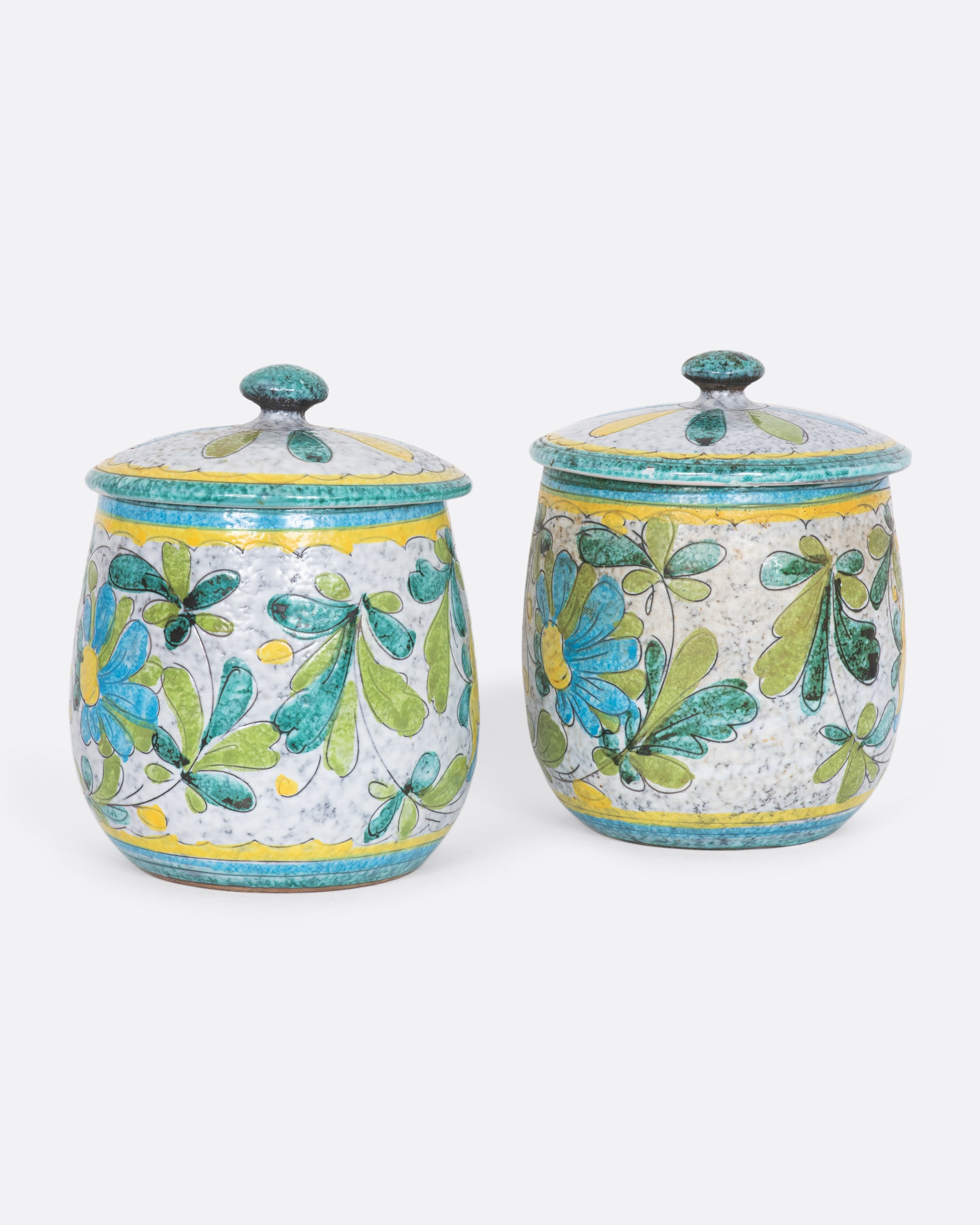 Hand painted blue and green floral lidded jar, set of two. 