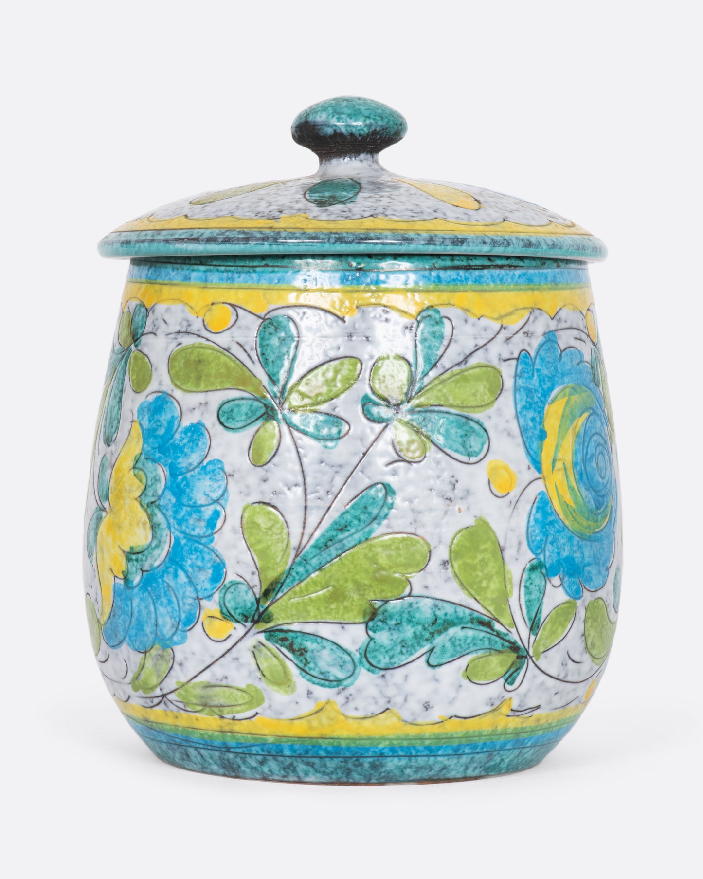 Hand painted blue and green floral lidded jar, set of two. Front view of one.