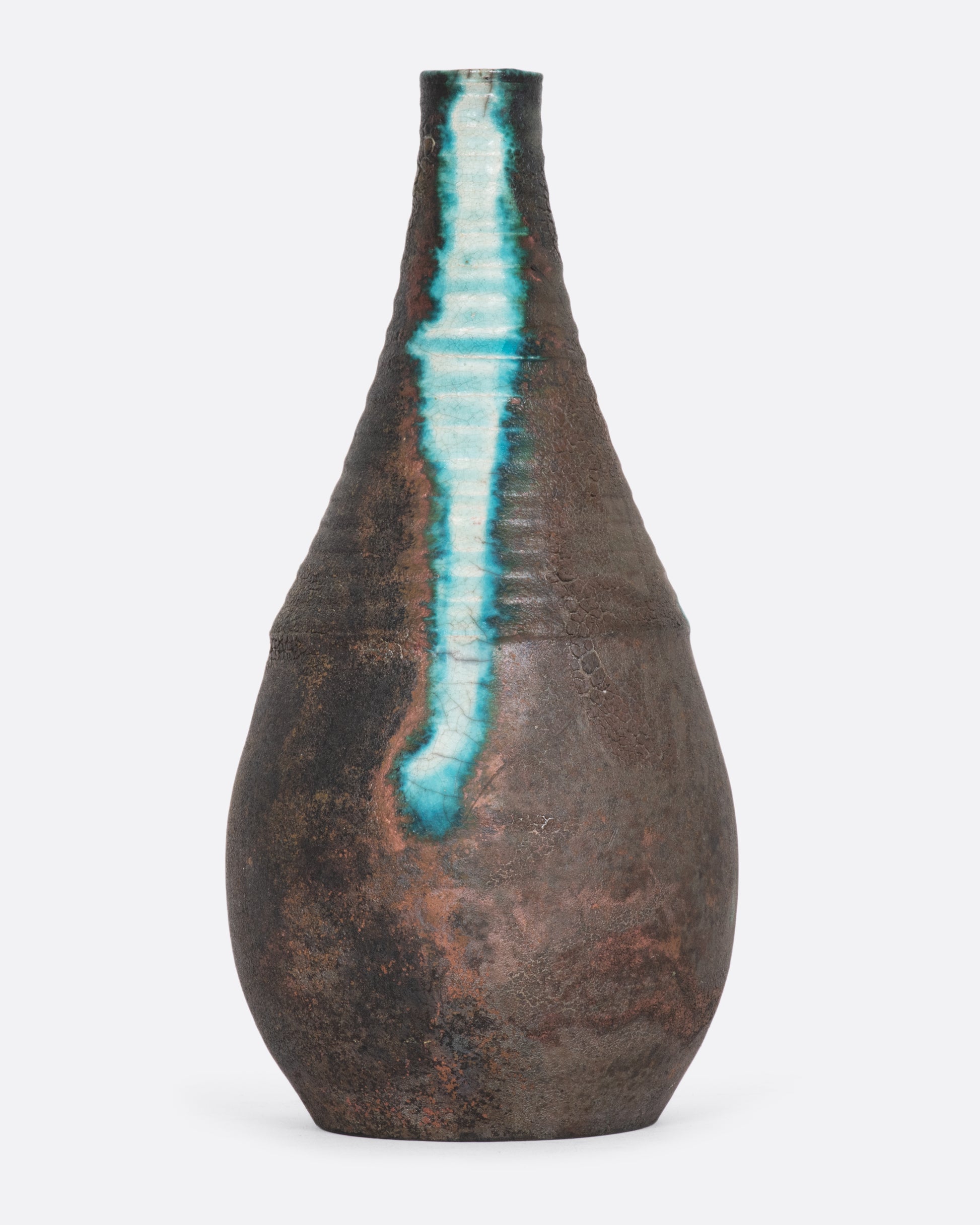 Dark brown ceramic vase with blue glaze drip.