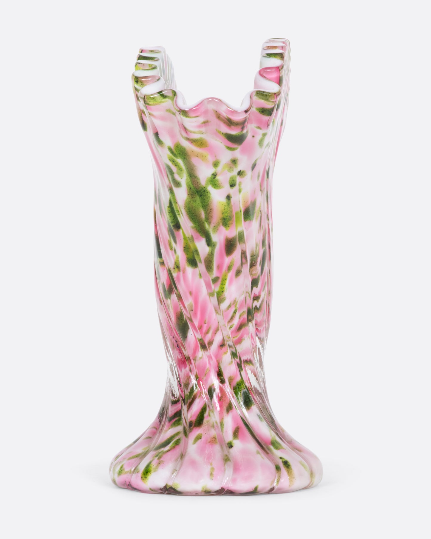 Rippled pink glass vase with green aventurine splatter. View from the side.