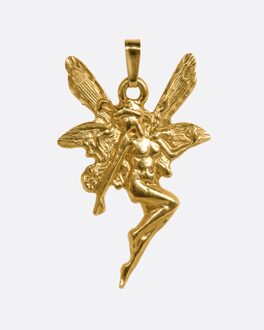 A yellow gold faerie pendant. View from the front.