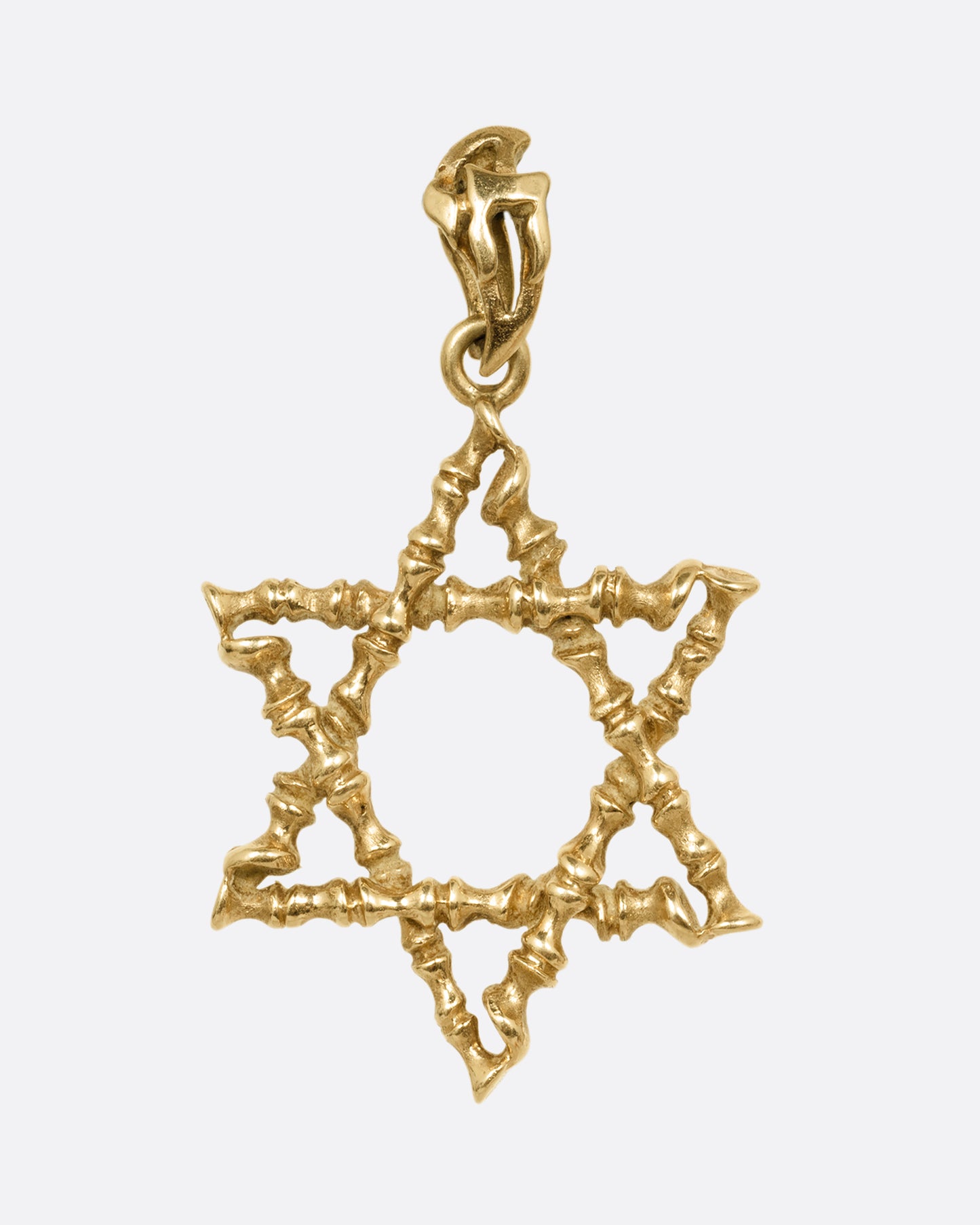A yellow gold  Star of David pendant with textural lines, shown from the front.