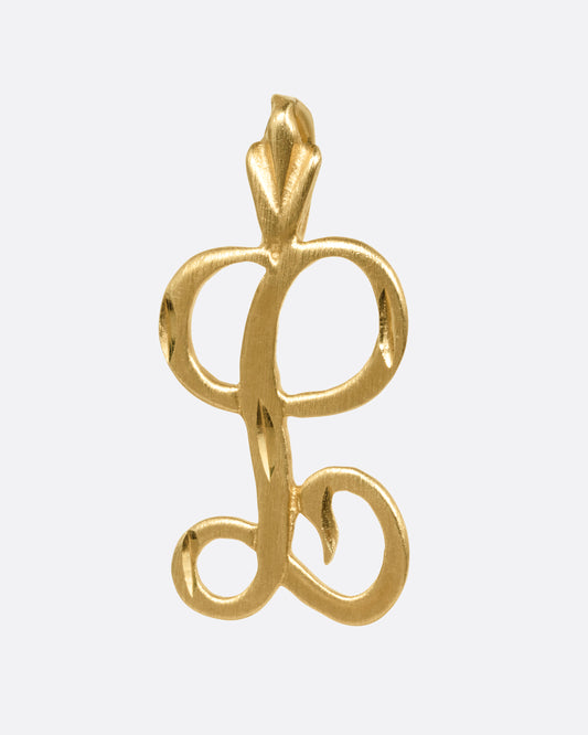 A curling initial 'L' charm, shown from the front.