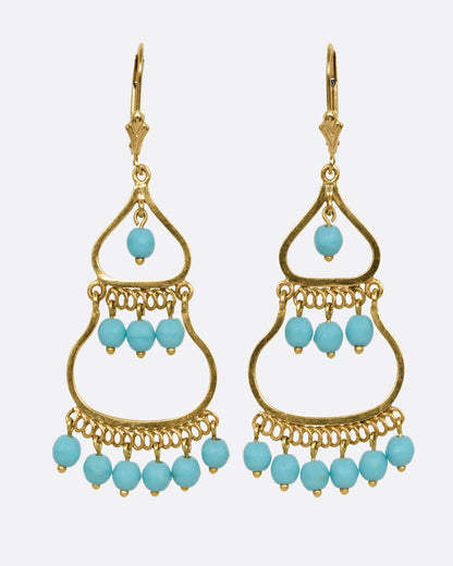 A pair of yellow gold  drop chandelier earrings with turquoise beads, shown from the front.