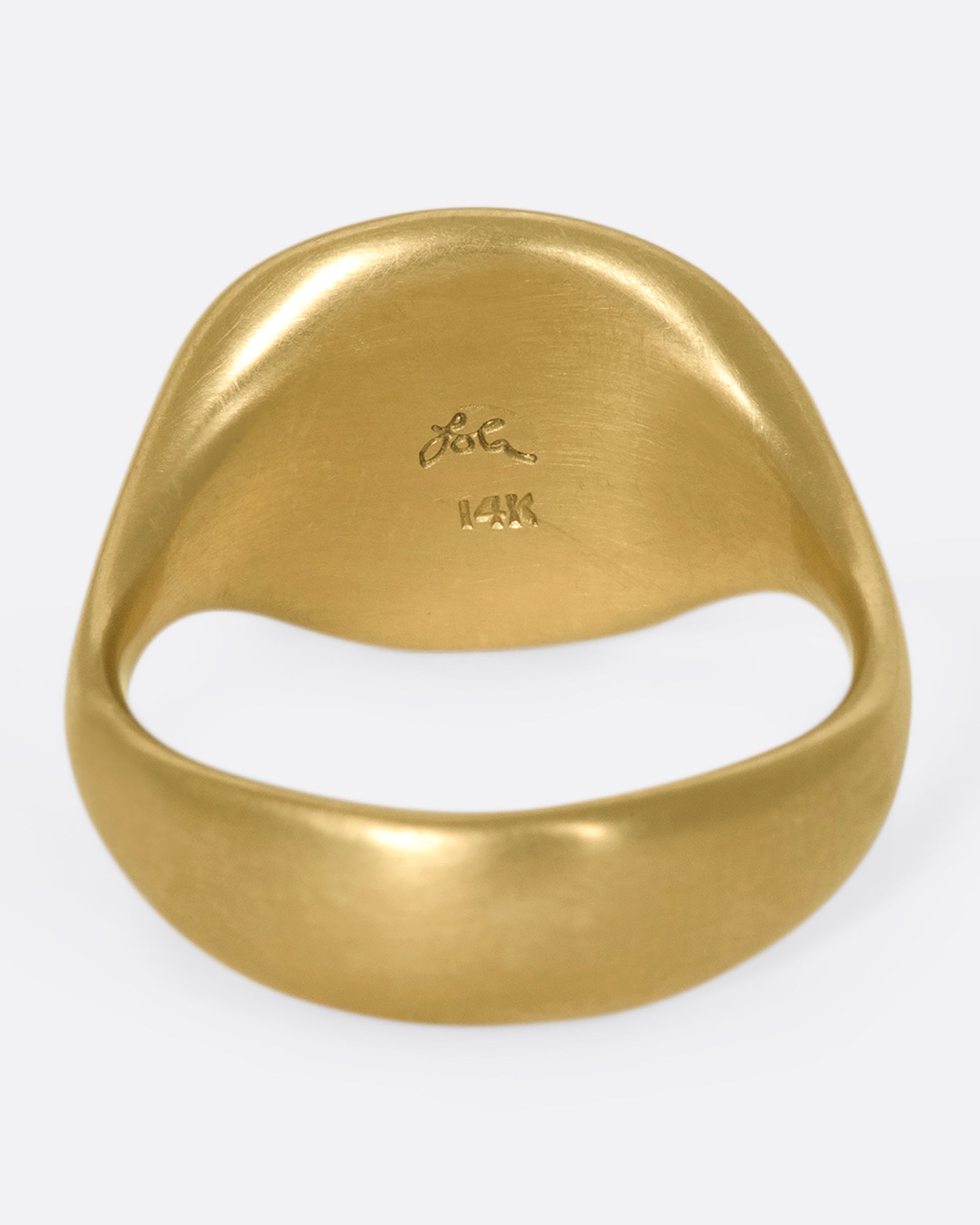 This solid 14k gold oval signet ring is incredibly soft and comfortable. The band is perfectly weighted, so the signet never falls to the side.